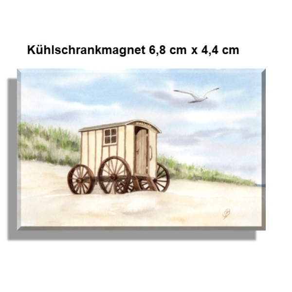 Kühlschrankmagnet   Aquarell Maritim Kunst Druck Kunstdruck Nordsee Norderney Badekarren Insel Strand Düne